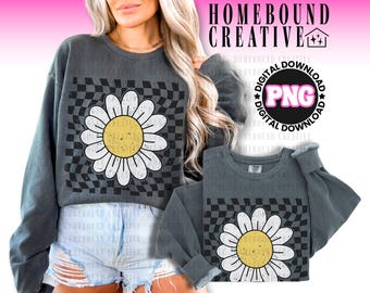 Checkered Sunflower PNG: Distressed Retro Dasisy Flower Shirt Design (Digital Download)