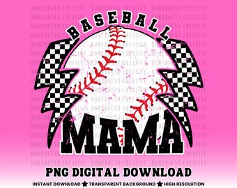 Maglietta Spoorts Mom con scritta "Checkered Lightning Baseball Mama" in formato PNG (download digitale)