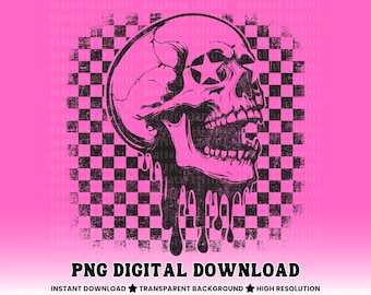 Checkered Skull Melt PNG: Grunge Rock Checkerboard Alt Skull-skjortdesign (digital nedladdning)