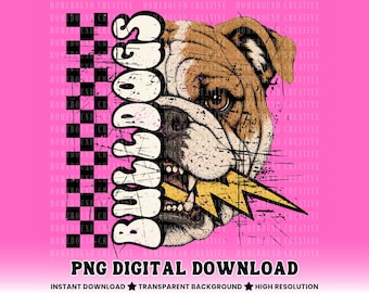 Rutiga Lightning Bolt Bulldogs PNG: Retro maskotlagsskjortadesign (digital nedladdning)