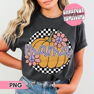 Retro Fall Mama Pumpkin PNG: Checkered Mom Shirt Design (Digital File)