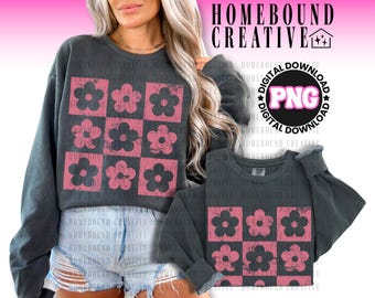 Estampa de margarida xadrez PNG: Design floral boho para camiseta, sublimação (download digital)