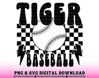 Tigre a scacchi da baseball SVG PNG: design della maglietta mascotte (download digitale)