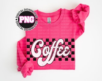 Retro Checkered Coffee PNG: Sublimation Women's Shirt Design (Digital Download)