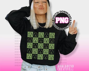 Retro Checkered Shamrock PNG: Green Checkerboard St Patricks Day Clover Digital Design