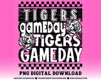Checkered Tigers PNG: Retro Mascot Collage Design (Digital Download)