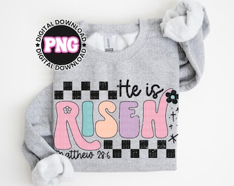 Retro Er ist auferstanden Ostern PNG: Kariertes Frühlings Christian Shirt Design (Digitaler Download)