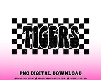 Grunge Checkered Tigers PNG: Retro Tiger Mascot Shirt Design (Digital Download)