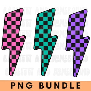 Checkered Lightning Bolt PNG Bundle: Retro Sublimation Design (3 Files)