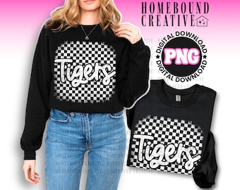 Checkered Tigers Mascot PNG: Grunge  Tiger School Spirit Design (Digital Download)