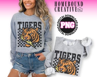 Tigers Mascot PNG: Retro Checkered Tiger Lightning School Spirit Shirt Design (Digital Download)