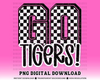 Checkered Go Tigers PNG: Retro Tiger Mascot Shirt Design (Digital Download)