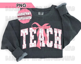 Coquette Bow Teach PNG: Varsity Teacher Shirt Design (Digital Download)