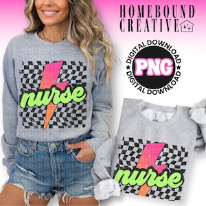 Checkered Nurse PNG: Lightning Bolt Nursing Grunge Shirt Design (Digital Download)