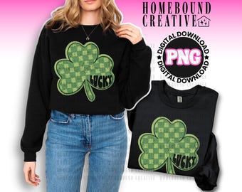 Retro St Patricks Day PNG: Checkered Green Shamrock Clover Shirt Design (Digital Download)