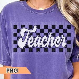 Retro Checkered Teacher PNG: Trendy Shirt Design (Digital Download)