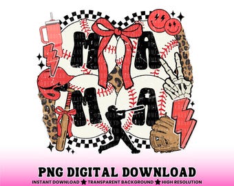 Checkered Baseball Mama PNG: Retro Sports Mom Collage Shirt Design (Digital Download)
