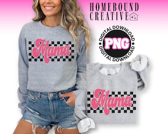 Pink Checkered Mama PNG: Distressed Retro Mom Shirt Design (Digital File)