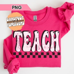 Retro Checkered Teach PNG: Distressed Teacher Shirt Design (Digital Download)