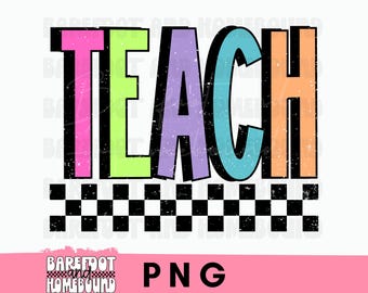 Retro Neon Teach PNG: Checkered Teacher Shirt Design (Digital Download)