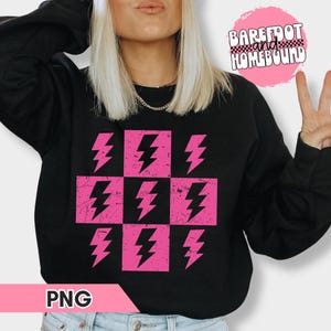 Pink Checkered Lightning Bolt PNG: Grunge Sublimation Design