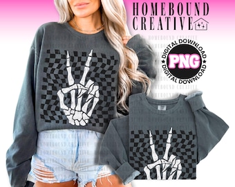Retro Checkered Skeleton Peace Sign PNG - Halloween Shirt Design (Digital Download)