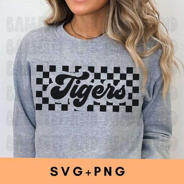 Checkered Tigers SVG, Tigers Mascot PNG, School Mascot Tigers SVG, Tigers Shirt svg, Tigers Retro svg, Tiger Football, Tigers Sublimation
