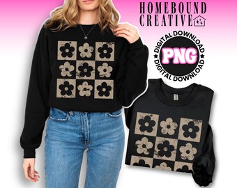 Taupe Checkered Daisy PNG: Boho Floral Design (Digital Download)