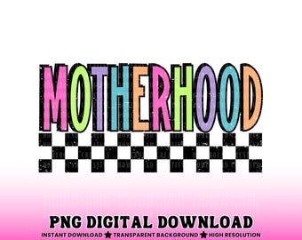 Maternidad a cuadros neón PNG: Diseño de camiseta de mamá angustiada (descarga digital)