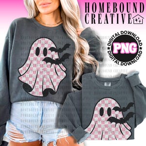 Pink Checkered Ghost PNG: Retro Halloween Shirt Design (Digital Download) image 1
