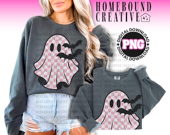 Pink Checkered Ghost PNG: Retro Halloween Shirt Design (Digital Download)