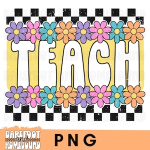 Retro Teacher PNG: Checkered Flowers Design (Digital Download)