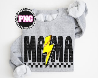 Checkered Softball Mama PNG: Lightning Bolt Mom Shirt Design (Digital Download)