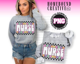 Infirmière Saint-Valentin PNG : conception de chemise d'allaitement à carreaux Candy Hearts (téléchargement numérique)