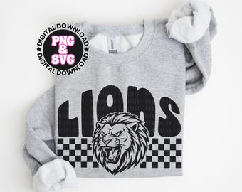 Checkered Lions Mascot SVG PNG: Retro Lion Shirt Design (Digital Download)