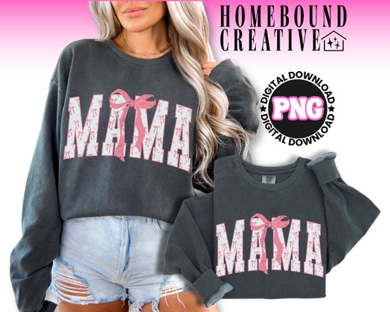 Coquette Varsity Mama PNG: Pink Bows Design (Digital File)