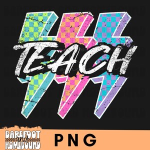 Neon Grunge Teacher PNG: Lightning Checkered Design (Digital Download
