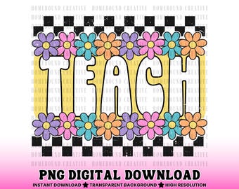 Retro Teacher PNG: Checkered Flowers Design (Digital Download)