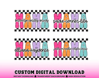 Custom Mama With Kids Names PNG, Checkered Mothers Day Gift Design Customized Text (Digital)