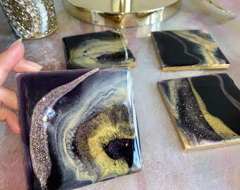 Luxury resin coasters- black and gold- marble inspired