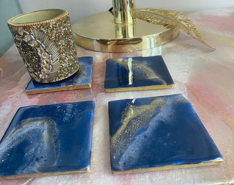 Set of 4 blue and gold marble inspired coasters