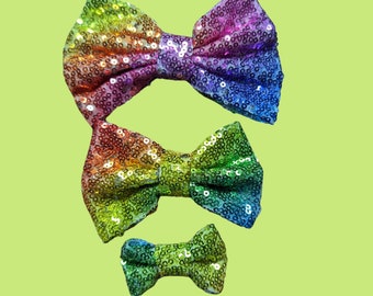 Sequin Bow for Dog - Rainbow Ombre Sequin Dog Bow - Dog Collar Bow - Velcro Bow - Dog Hair Bow - Bowtie - Pet Bow