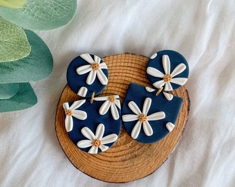 Clay Earrings / Flower Earrings / Daisy / Navy and Yellow / Handmade / Lightweight / Statement / Hypoallergenic