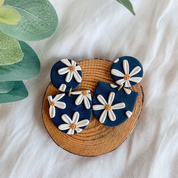 Clay Earrings / Flower Earrings / Daisy / Navy and Yellow / Handmade / Lightweight / Statement / Hypoallergenic