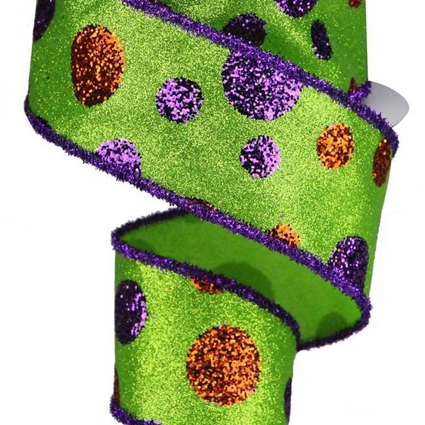 Halloween Wired Ribbon, Glitter Multi-Dots Orange and Purple on Glitter Lime Background, 2.5"X10yd Giant Polka Dots