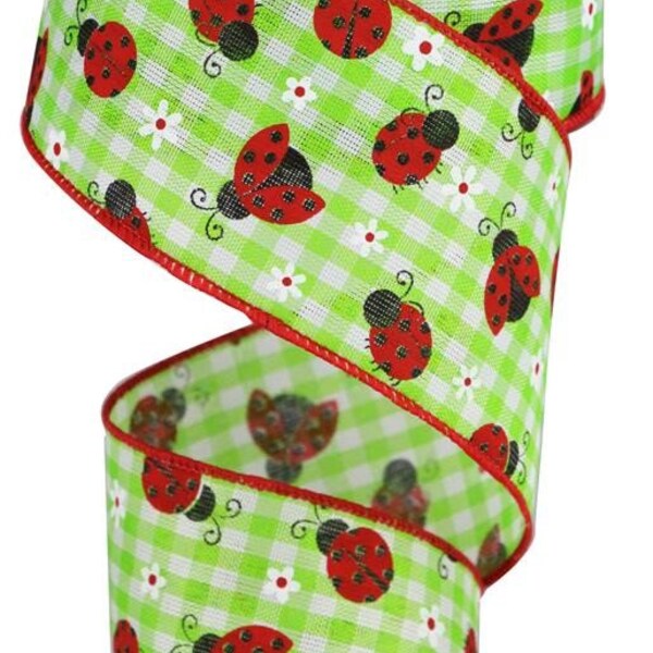 Ladybugs and Daisies Wired Ribbon, 2.5"X10yd Mini Ladybugs/Check, Ladybugs on Gingham Check - Lime and White