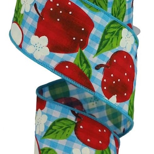 May include: A 2.5 inch wide ribbon with a blue and white gingham pattern and red apples with green leaves and white flowers.