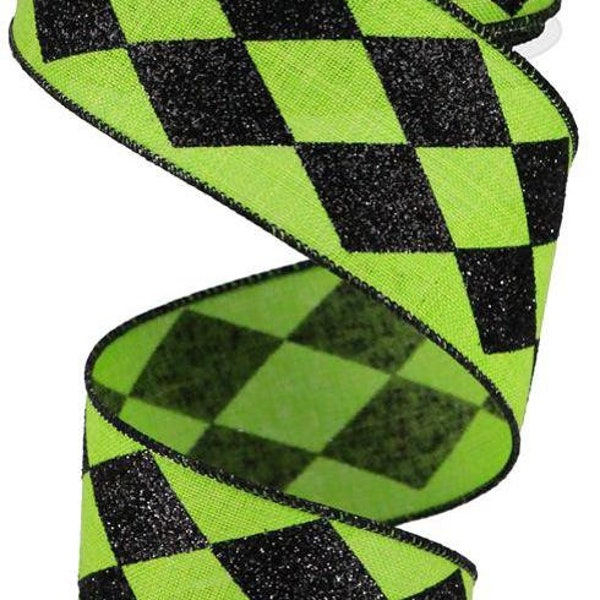 Glitter Harlequin Wired Ribbon By the Roll 2" x 10 Yards, Halloween Wired Ribbon, Black and Lime Green Royal Burlap