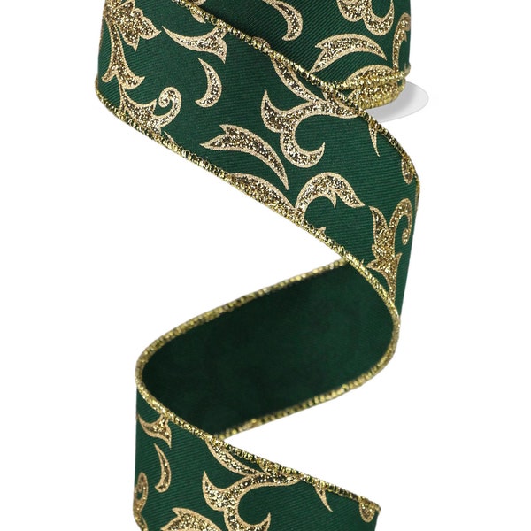 1.5" x 10yd Acanthus Leaf, Hunter Green with Gold Acanthus Leaves Wired Ribbon, Christmas Ribbon