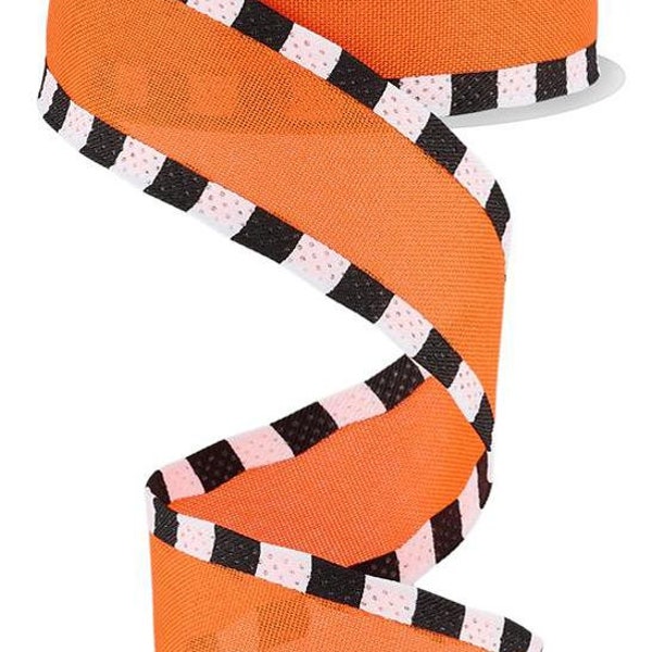 Striped Ribbon,1.5" x 10yd Faux Royal Burlap/Stripe, Orange, Black and White Striped Wired Ribbon